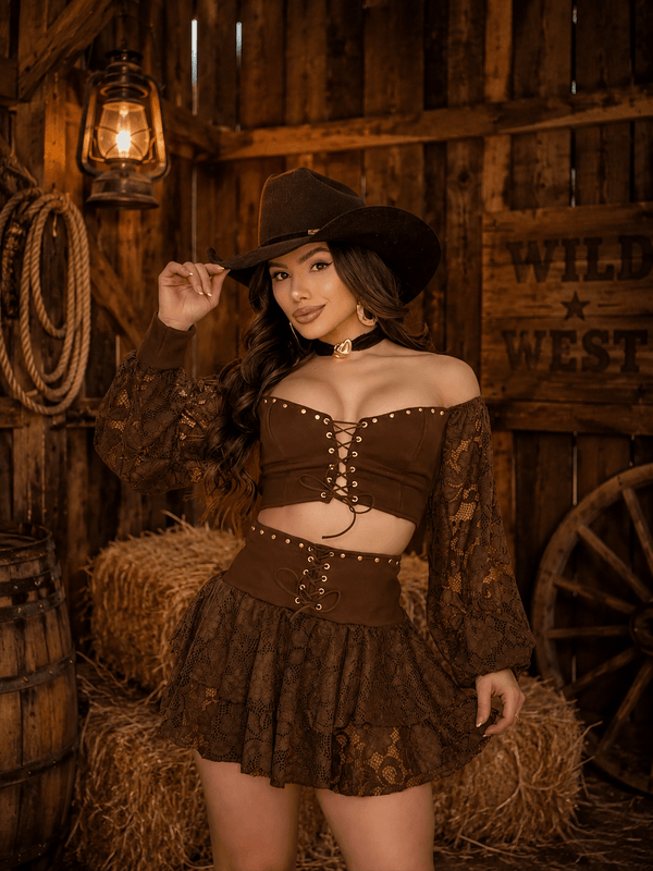 Pre venda envio 16-06 terça feira Conjunto Western Luxo | Cropped com Bojo e Short Saia em Suede Premium com Renda - Preciosa by Catiuse Daniela