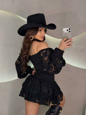 Pre venda envio 16-06 terça feira Conjunto Western Luxo | Cropped com Bojo e Short Saia em Suede Premium com Renda - Preciosa by Catiuse Daniela