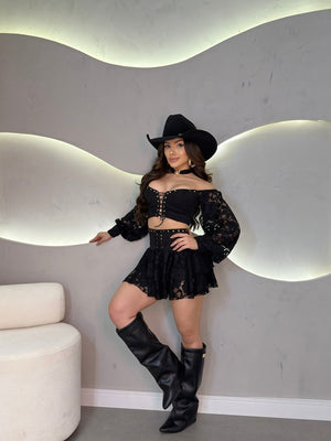 Pre venda envio 16-06 terça feira Conjunto Western Luxo | Cropped com Bojo e Short Saia em Suede Premium com Renda - Preciosa by Catiuse Daniela