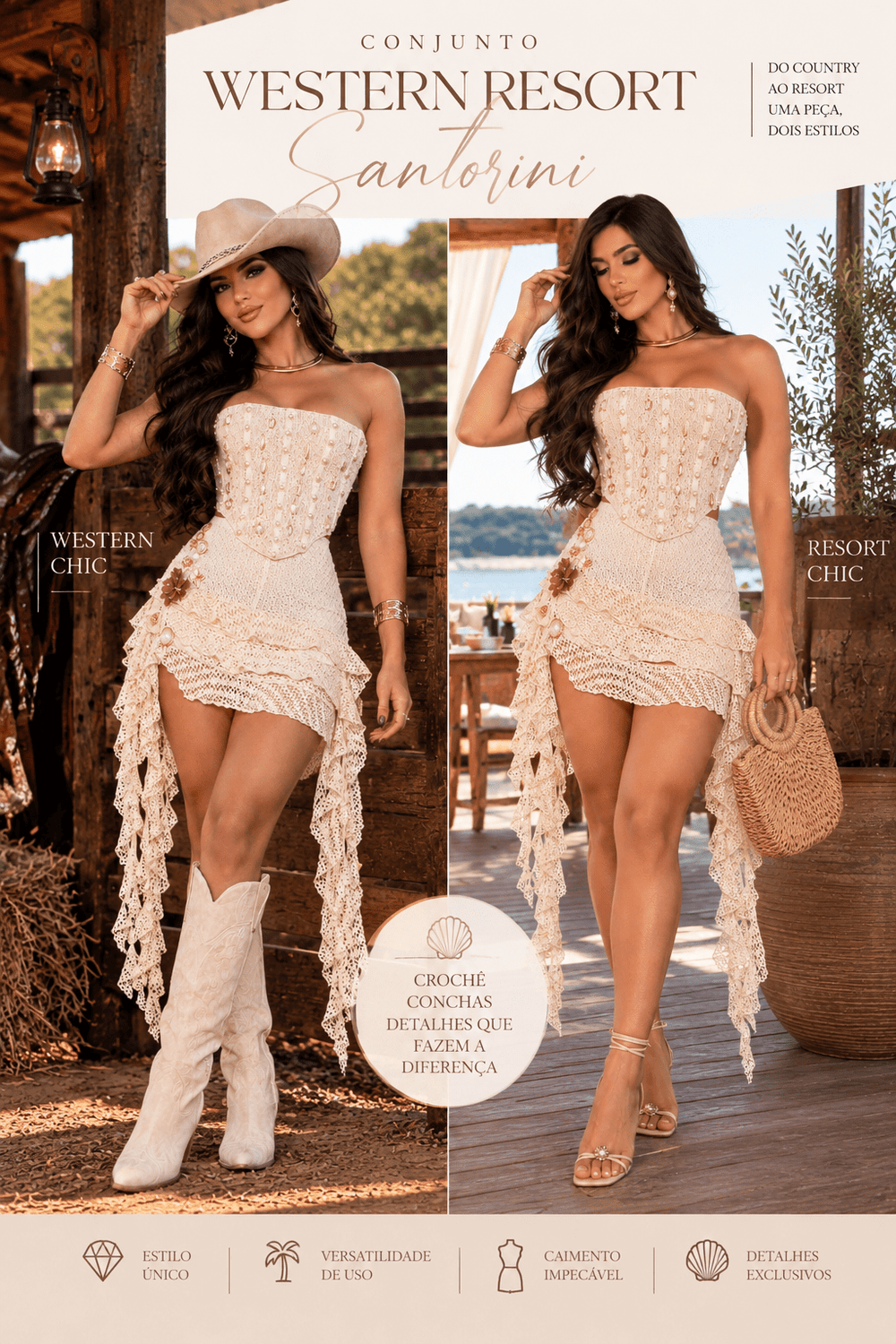 PRE VENDA ENVIO 31-08 segunda feira - Conjunto Western Resort Santorini em Renda | Corselet Tomara que Caia com Conchas e Pérolas e Saia com Babados Boho Chic - Preciosa by Catiuse Daniela