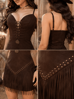 PRE VENDA ENVIO 31-08 segunda feira - Vestido Rodeio Luxo | Suede Premium com Decote Ilhós, Tachas Ouro Velho e Barra de Franjas - Preciosa by Catiuse Daniela