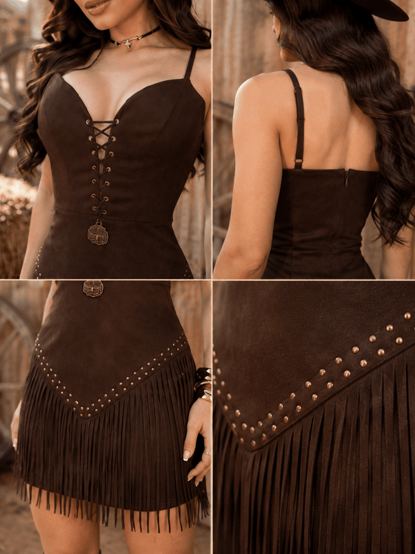 PRE VENDA ENVIO 31-08 segunda feira - Vestido Rodeio Luxo | Suede Premium com Decote Ilhós, Tachas Ouro Velho e Barra de Franjas - Preciosa by Catiuse Daniela