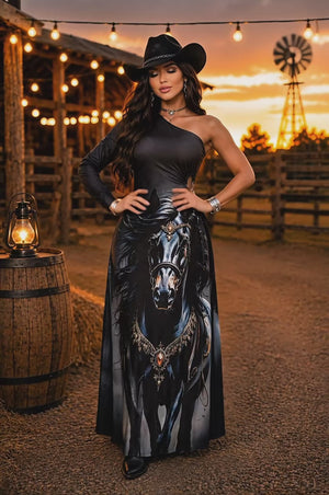 Vestido Longo Western Cavalo | Tecido Fluity Poliamida Nula Manga com Bojo e Detalhe de Argola Lateral