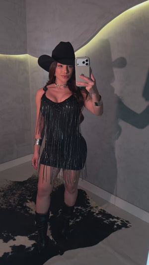 Vestido Western Black Star Luxo | Poliamida Santa Constância com Correntes e Pedrarias