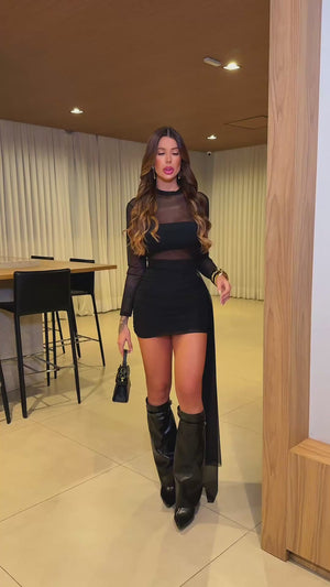 Vestido Noite Luxo Angel | Transparência em Tule Premium com Cropped Incluso e Saia Franzida