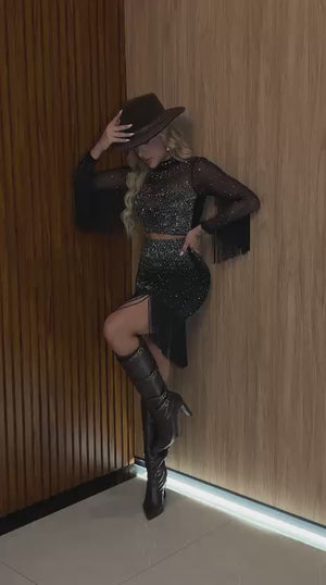 Conjunto Texas Glow Luxo | Detalhes em Franjas, Strass e Tecido Beach Gloss