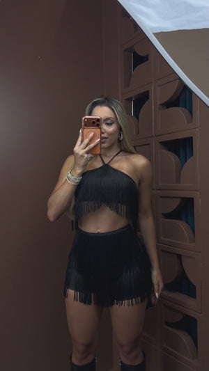 Conjunto Western Cintia Luxo | Cropped com Bojo e Short com Franjas