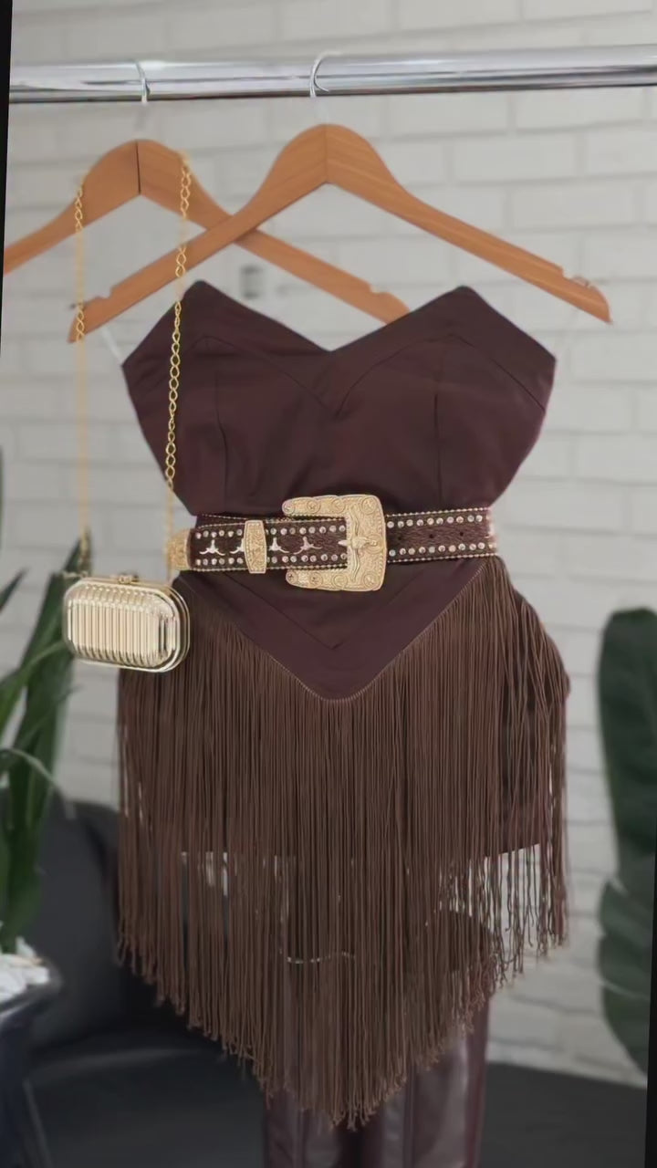 Vestido Tomara que Caia Jaine Luxo | Tecido Bengaline e Franjas em Nylon