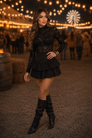 Saia Babado Curta Bengaline | Três Marias, Preto, Branco e Marrom - Preciosa by Catiuse Daniela