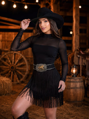 Saia Western Luxo | Tecido Poliamida de Alta Compressão com Camadas de Franjas - Preciosa by Catiuse Daniela