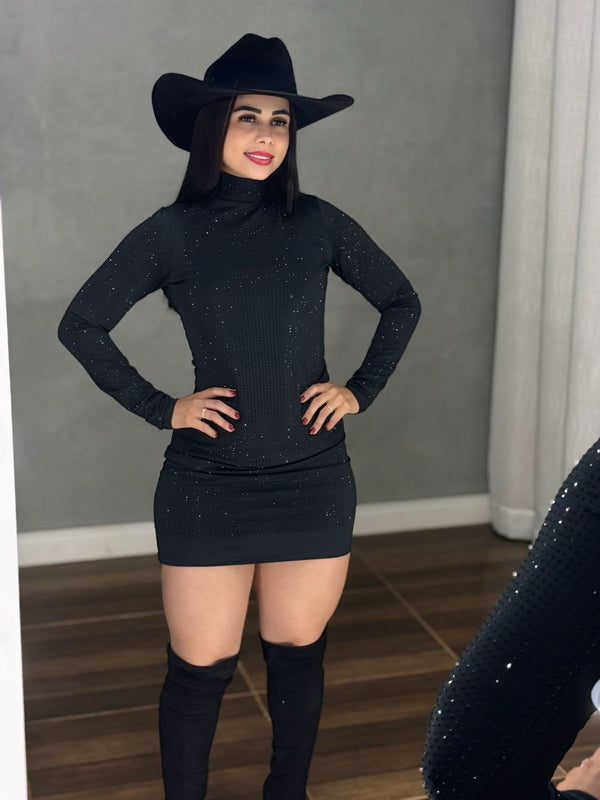Vestido Black Star Luxo | Tecido Poliamida Fluid com Strass Frontal - Preciosa by Catiuse Daniela