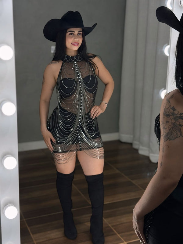 Vestido Corrente Luxo Baladinha | Poliamida Beach Gloss e Brilho Total - Preciosa by Catiuse Daniela