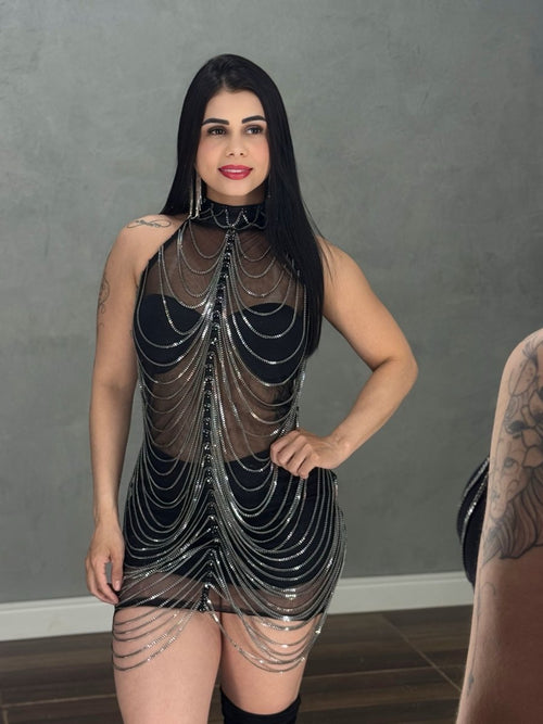 Vestido Corrente Luxo Baladinha | Poliamida Beach Gloss e Brilho Total - Preciosa by Catiuse Daniela