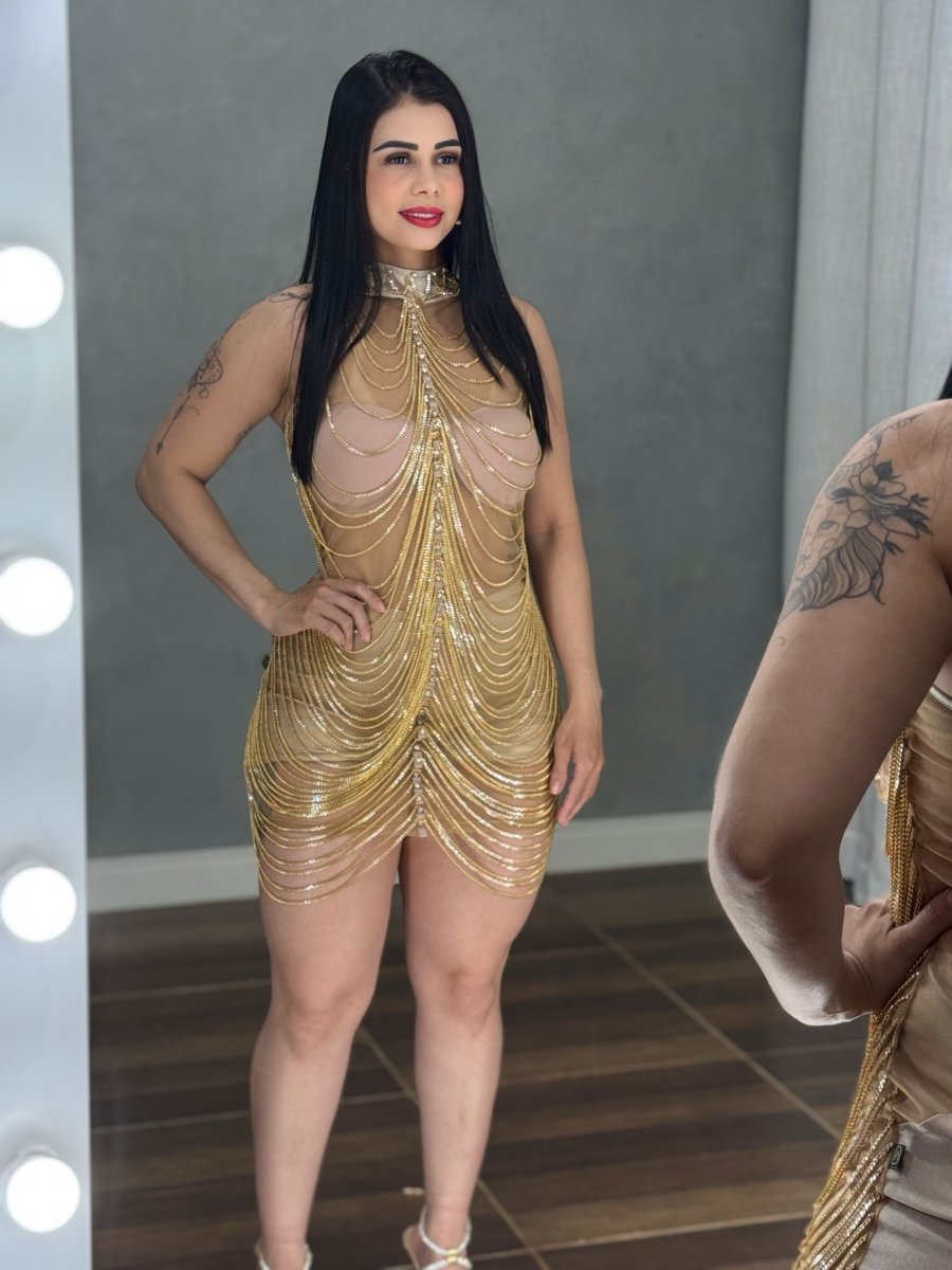 Vestido Corrente Luxo Baladinha | Poliamida Beach Gloss e Brilho Total - Preciosa by Catiuse Daniela