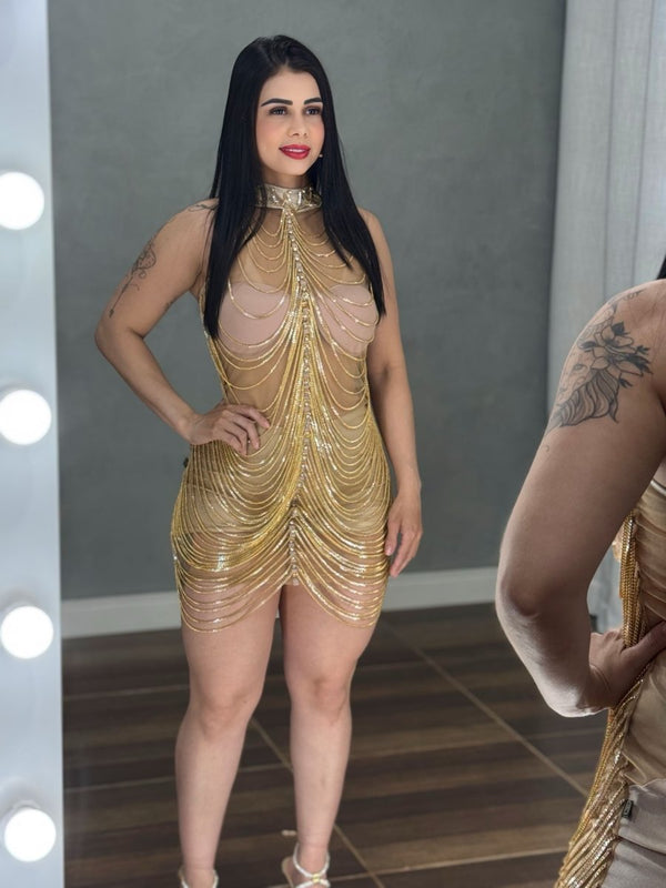 Vestido Corrente Luxo Baladinha | Poliamida Beach Gloss e Brilho Total - Preciosa by Catiuse Daniela