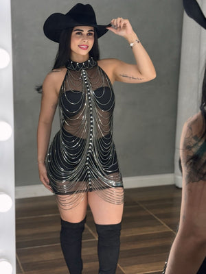 Vestido Corrente Luxo Baladinha | Poliamida Beach Gloss e Brilho Total - Preciosa by Catiuse Daniela