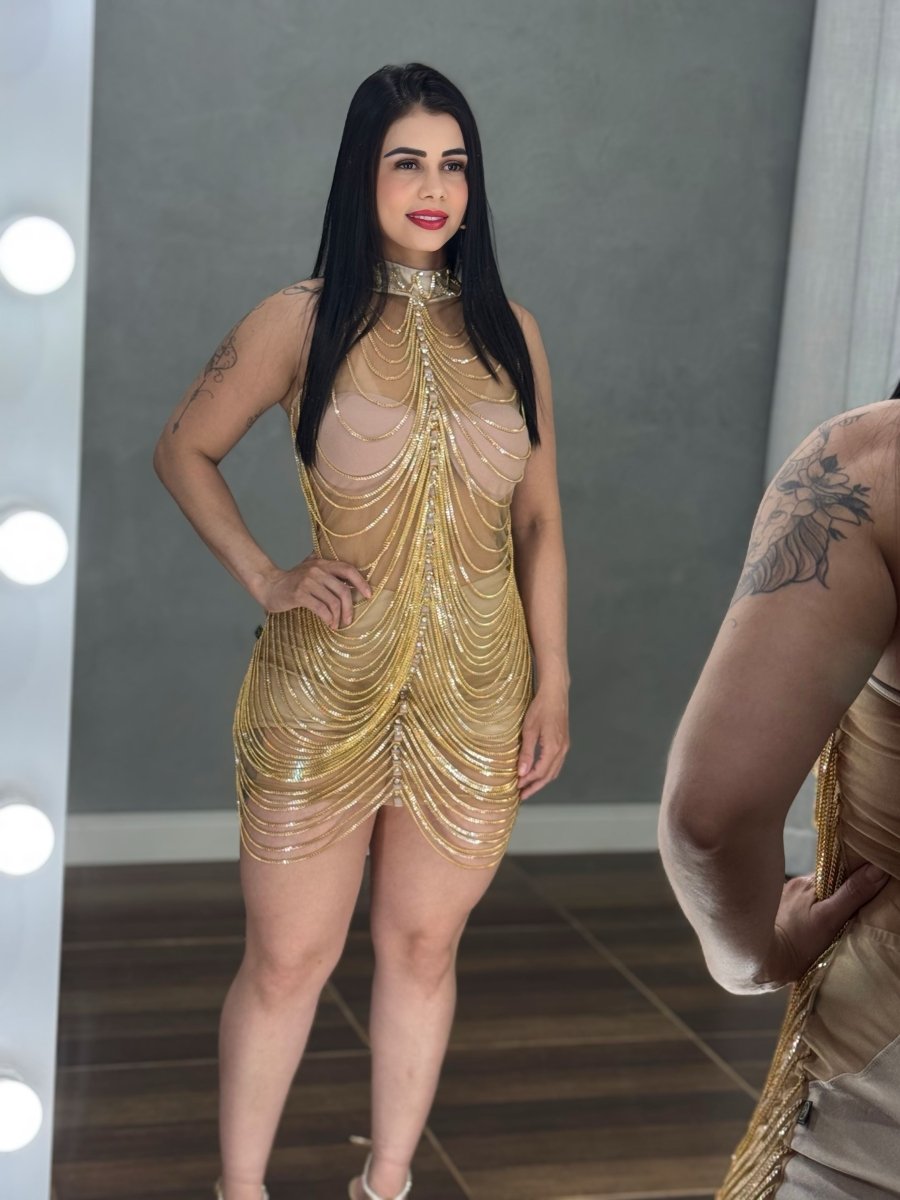 Vestido Corrente Luxo Baladinha | Poliamida Beach Gloss e Brilho Total - Preciosa by Catiuse Daniela