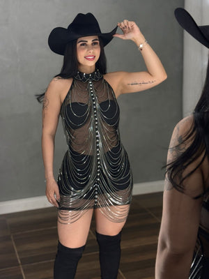 Vestido Corrente Luxo Baladinha | Poliamida Beach Gloss e Brilho Total - Preciosa by Catiuse Daniela