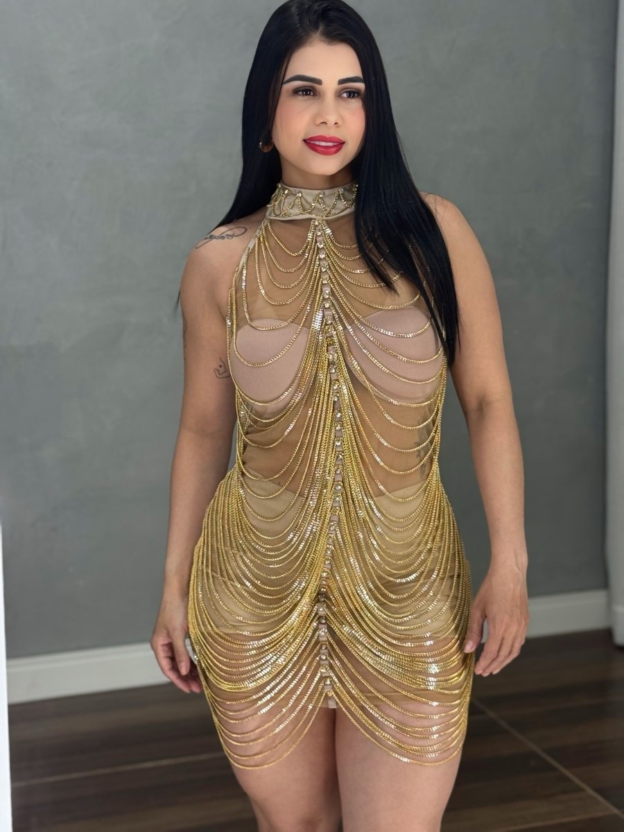 Vestido Corrente Luxo Baladinha | Poliamida Beach Gloss e Brilho Total - Preciosa by Catiuse Daniela