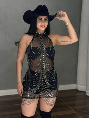 Vestido Corrente Luxo Baladinha | Poliamida Beach Gloss e Brilho Total - Preciosa by Catiuse Daniela