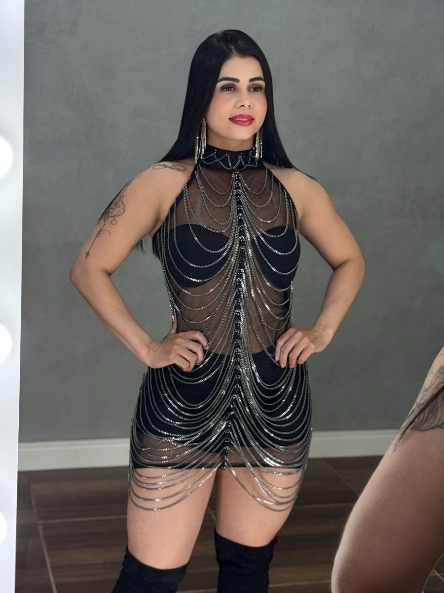 Vestido Corrente Luxo Baladinha | Poliamida Beach Gloss e Brilho Total - Preciosa by Catiuse Daniela