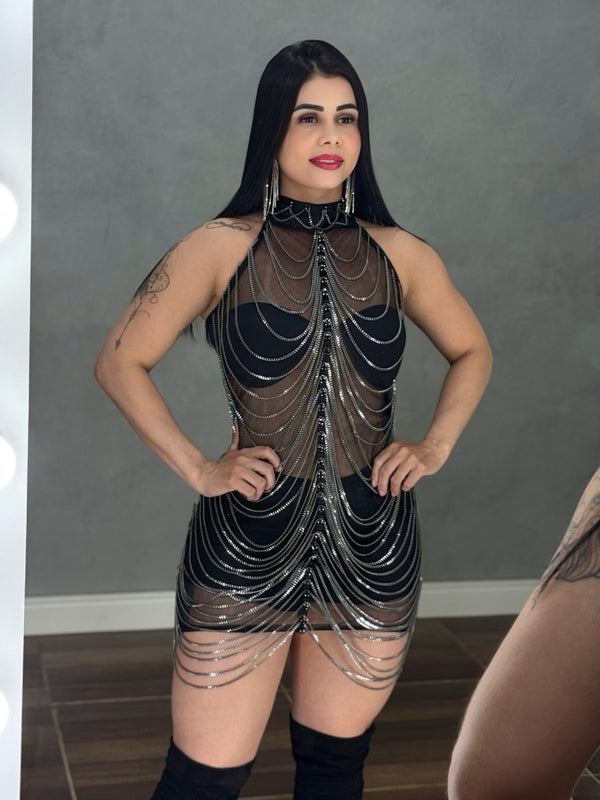 Vestido Corrente Luxo Baladinha | Poliamida Beach Gloss e Brilho Total - Preciosa by Catiuse Daniela