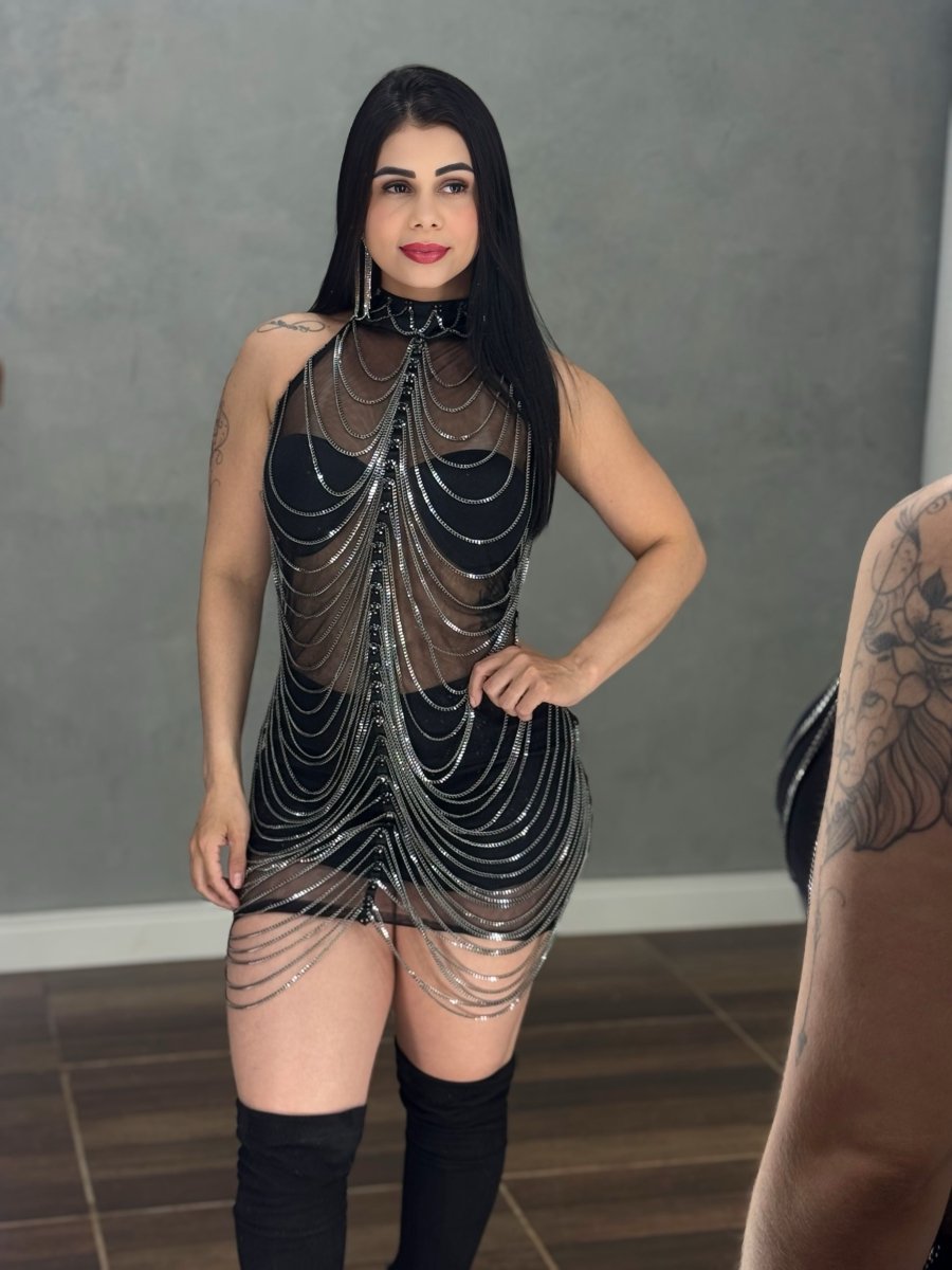 Vestido Corrente Luxo Baladinha | Poliamida Beach Gloss e Brilho Total - Preciosa by Catiuse Daniela