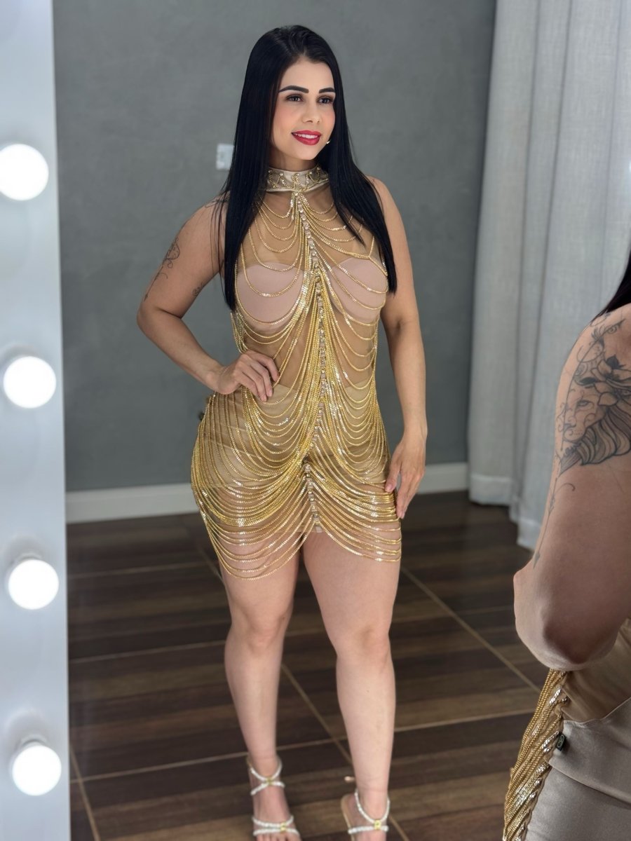 Vestido Corrente Luxo Baladinha | Poliamida Beach Gloss e Brilho Total - Preciosa by Catiuse Daniela