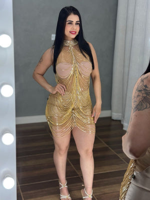 Vestido Corrente Luxo Baladinha | Poliamida Beach Gloss e Brilho Total - Preciosa by Catiuse Daniela