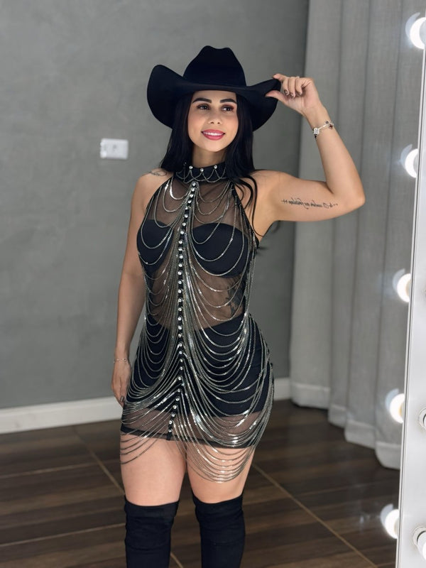 Vestido Corrente Luxo Baladinha | Poliamida Beach Gloss e Brilho Total - Preciosa by Catiuse Daniela