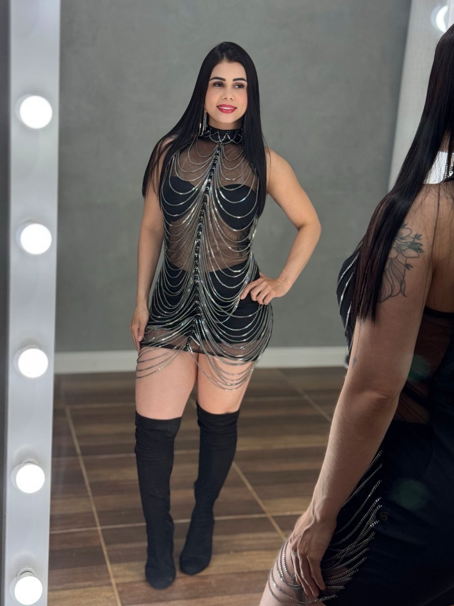 Vestido Corrente Luxo Baladinha | Poliamida Beach Gloss e Brilho Total - Preciosa by Catiuse Daniela