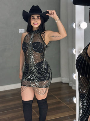 Vestido Corrente Luxo Baladinha | Poliamida Beach Gloss e Brilho Total - Preciosa by Catiuse Daniela