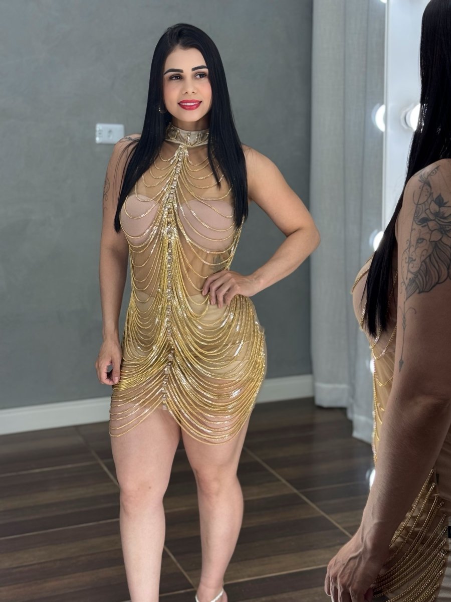 Vestido Corrente Luxo Baladinha | Poliamida Beach Gloss e Brilho Total - Preciosa by Catiuse Daniela