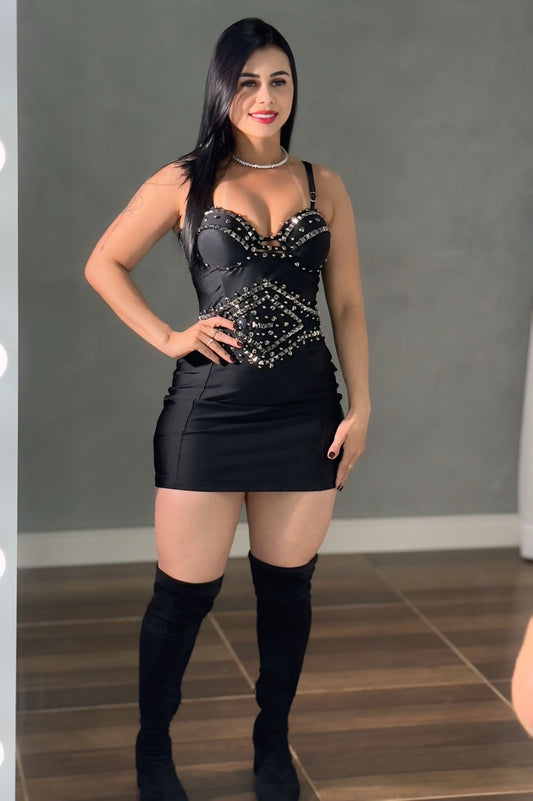 VESTIDO CURTO ESTELA PRETO - PEDRARIAS BORDADAS E TECIDO MODELADOR - Preciosa by Catiuse Daniela