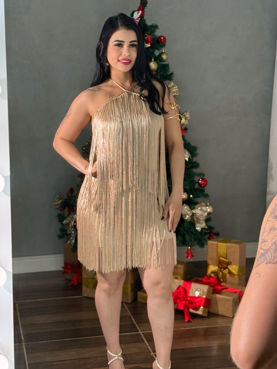 Vestido Curto Franjas Acetinadas Celine | Costa Nua e Malha Microfibra - Preciosa by Catiuse Daniela