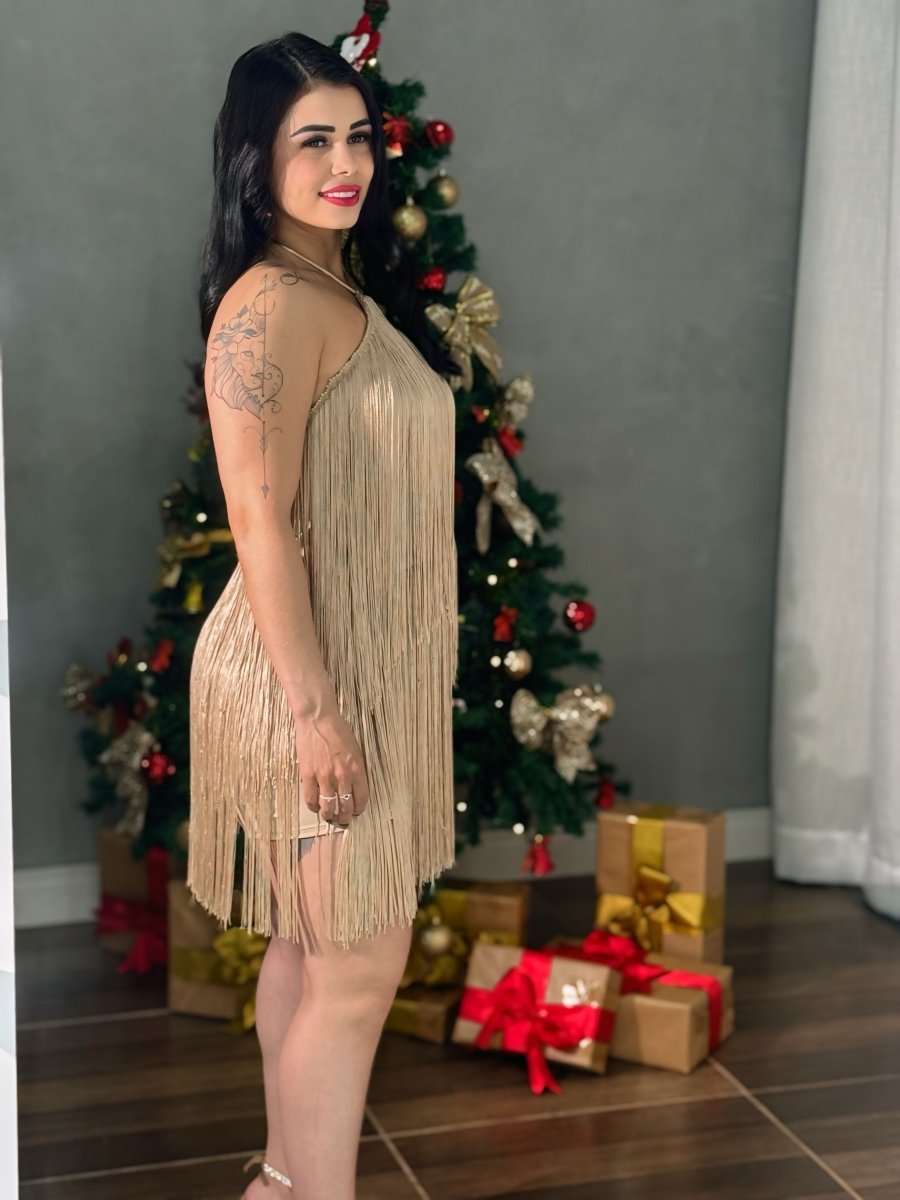 Vestido Curto Franjas Acetinadas Celine | Costa Nua e Malha Microfibra - Preciosa by Catiuse Daniela