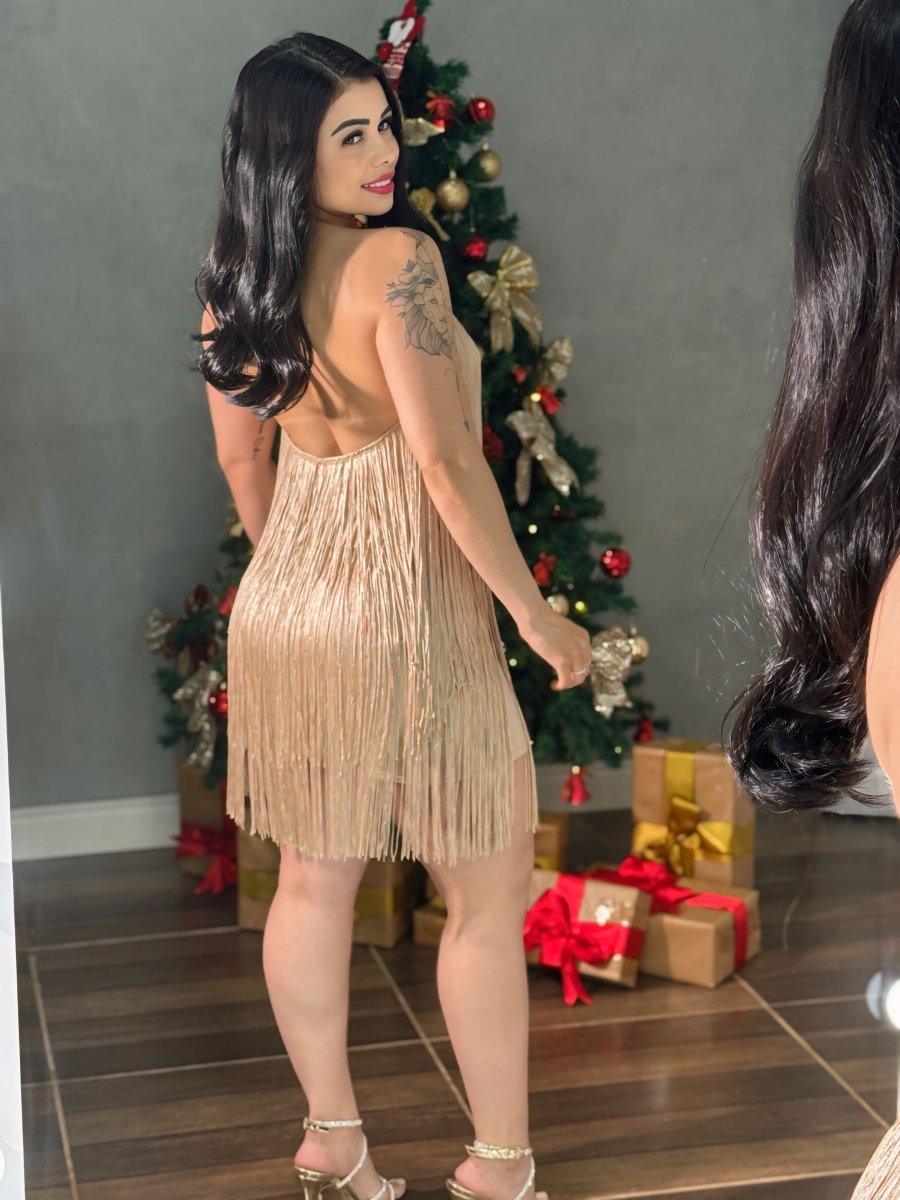 Vestido Curto Franjas Acetinadas Celine | Costa Nua e Malha Microfibra - Preciosa by Catiuse Daniela