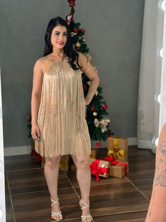 Vestido Curto Franjas Acetinadas Celine | Costa Nua e Malha Microfibra - Preciosa by Catiuse Daniela