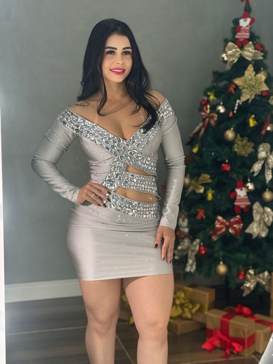 Vestido Curto Milley Prata | Recortes Strass e Poliamida Trilobal - Preciosa by Catiuse Daniela