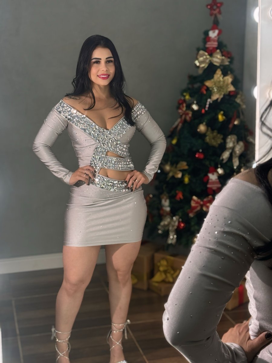 Vestido Curto Milley Prata | Recortes Strass e Poliamida Trilobal - Preciosa by Catiuse Daniela