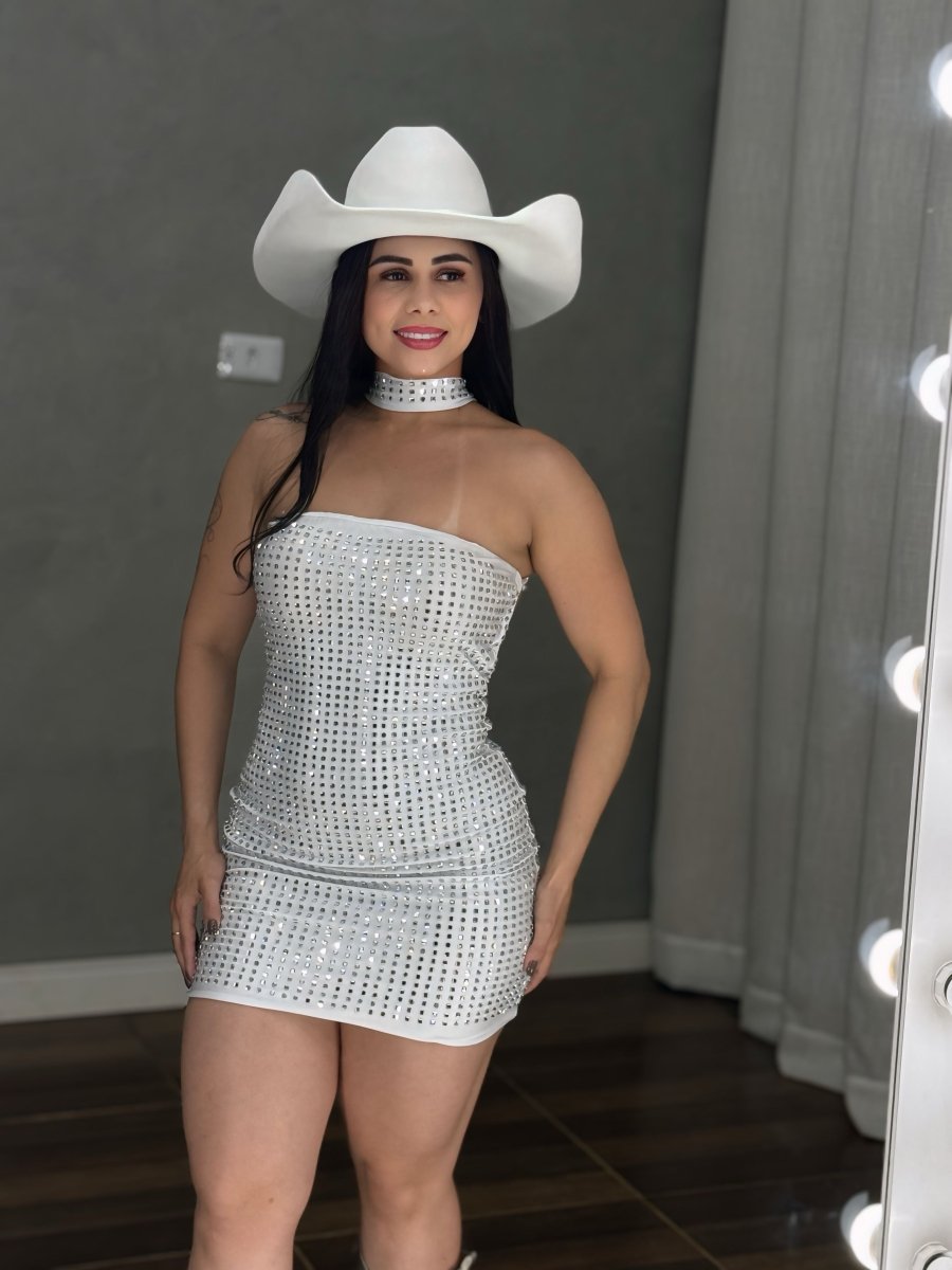 Vestido Curto Samara | Todo em Strass Cristal, Tomara que Caia e Bojo - Preciosa by Catiuse Daniela