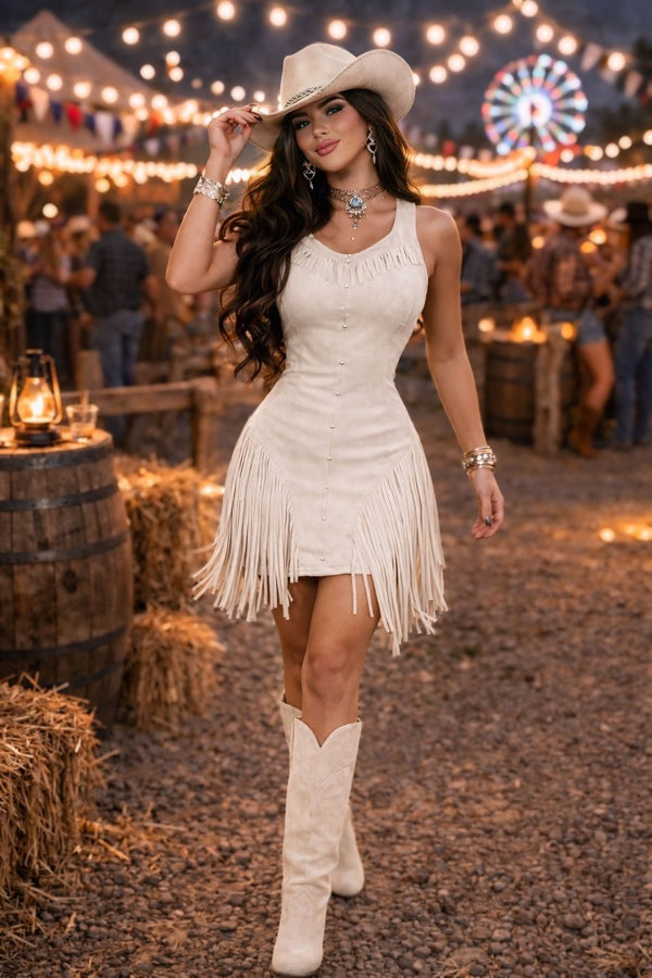 Vestido de Franja em Suede Lauana | Movimento e Sofisticação Western - Preciosa by Catiuse Daniela