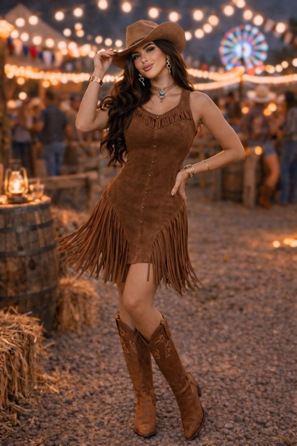 Vestido de Franja em Suede Lauana | Movimento e Sofisticação Western - Preciosa by Catiuse Daniela