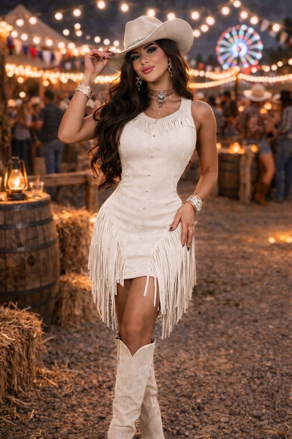 Vestido de Franja em Suede Lauana | Movimento e Sofisticação Western - Preciosa by Catiuse Daniela