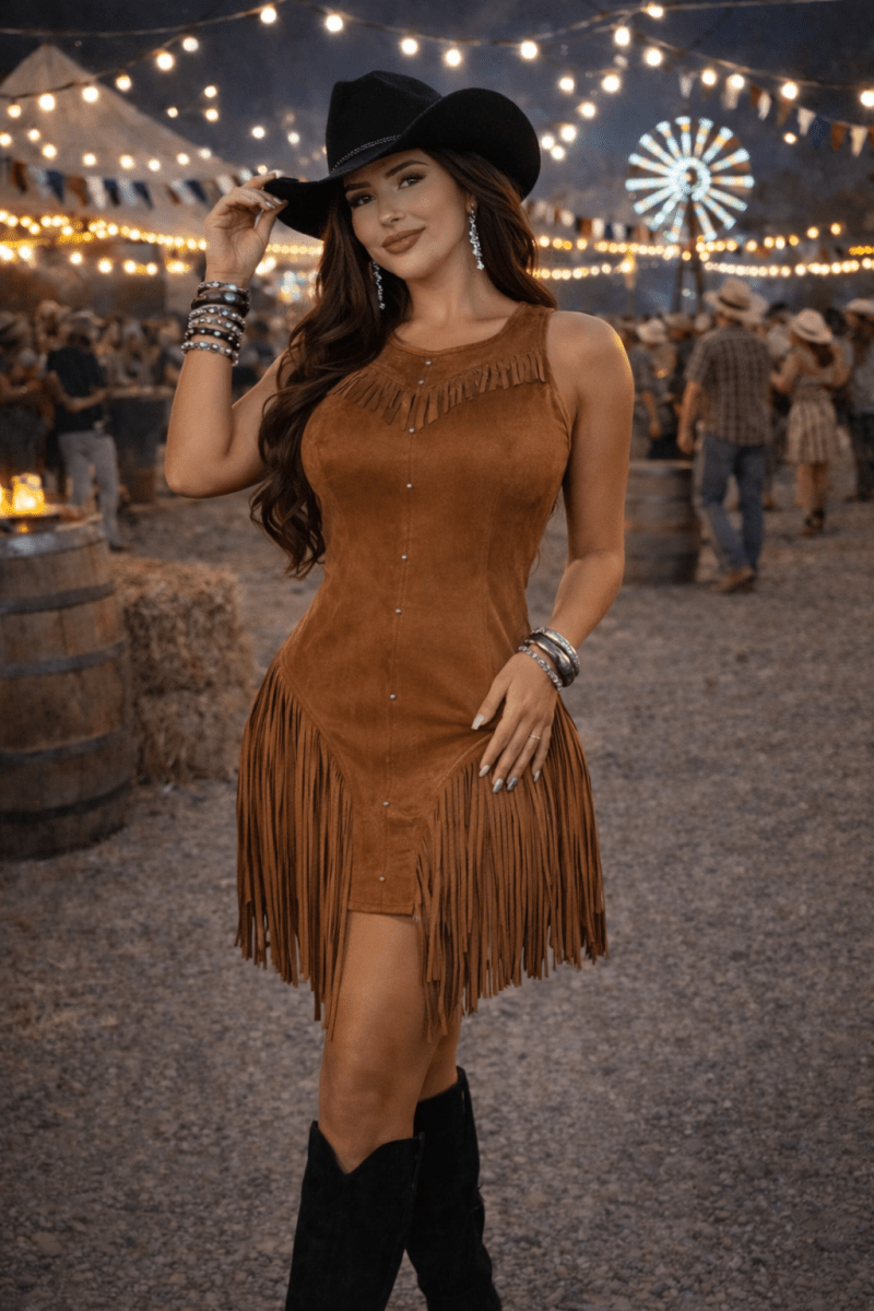 Vestido de Franja em Suede Lauana | Movimento e Sofisticação Western - Preciosa by Catiuse Daniela