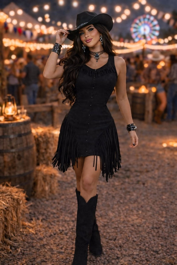 Vestido de Franja em Suede Lauana | Movimento e Sofisticação Western - Preciosa by Catiuse Daniela
