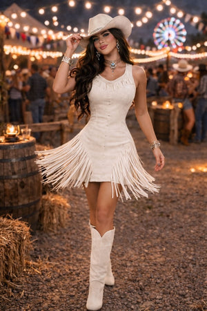 Vestido de Franja em Suede Lauana | Movimento e Sofisticação Western - Preciosa by Catiuse Daniela