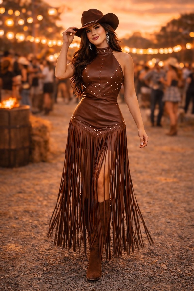 Vestido em Courino Western Luxo | Frente Única e Franjas longas - Preciosa by Catiuse Daniela