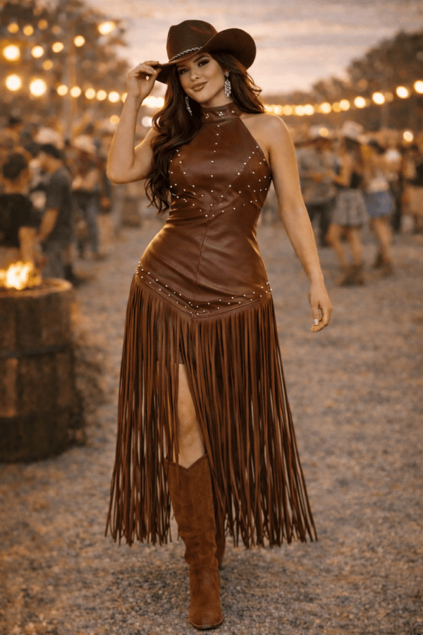 Vestido em Courino Western Luxo | Frente Única e Franjas longas - Preciosa by Catiuse Daniela