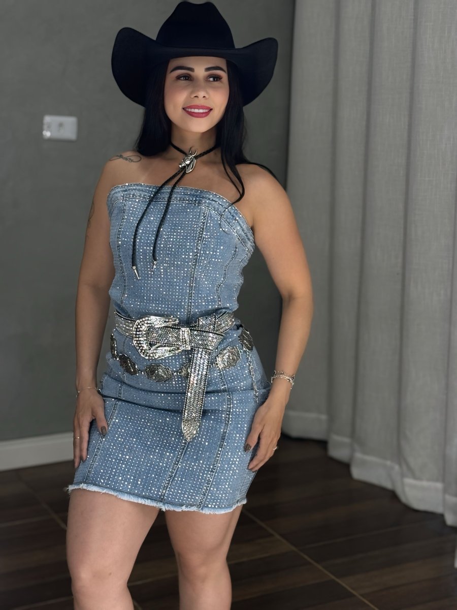 Vestido Jeans com Strass Importado | Brilho Frente e Verso com elastano - Preciosa by Catiuse Daniela